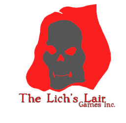 The Lich's Lair Games logo, The Lich's Lair Games contact details